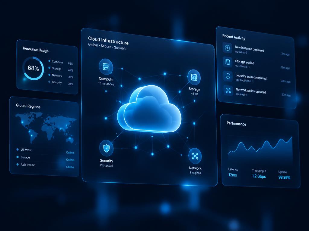 Panel de control de infraestructura cloud con nodos de red iluminados